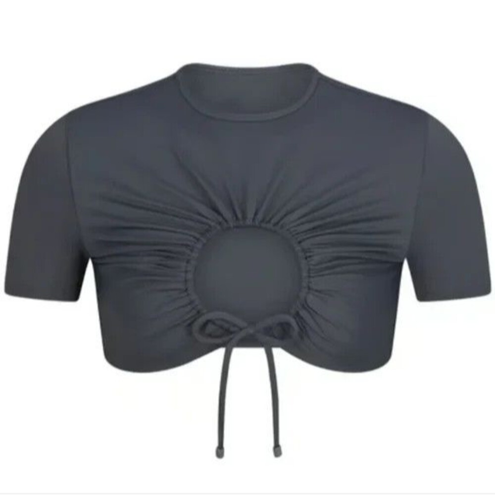 Skims Recycled Swim Size 4X Ruched T-Shirt Crop Top Keyhole Front Gunmetal Gray